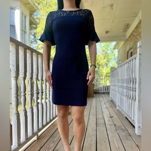 Draper James Knee Length Navy Blue Short Flutter Sleeve Dress with Lace Sz XS